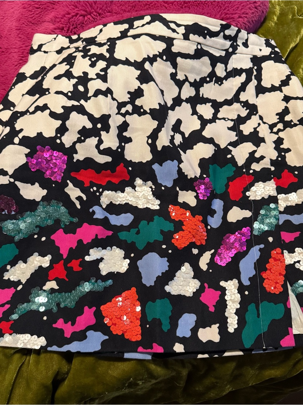 Nanette Lepore Black-and-White Printed Mini Skirt with Multicolor Sequins